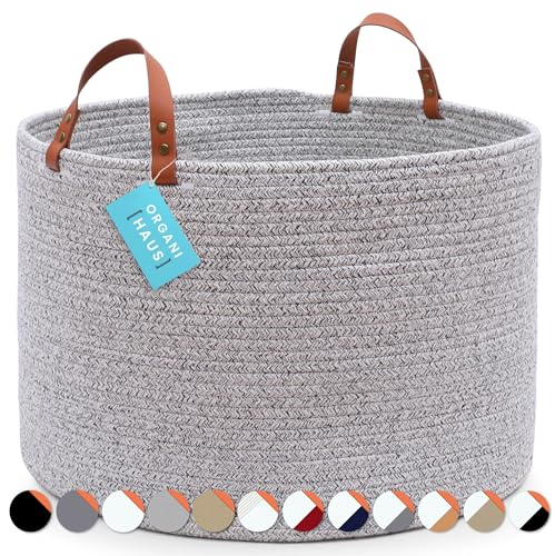 OrganiHaus XXL Extra Large Cotton Rope Basket with Genuine Leather Handles, Width 50 x 33 cm, Woven Blanket Storage Basket, Decorative Floor Basket for Living Room, Light Grey