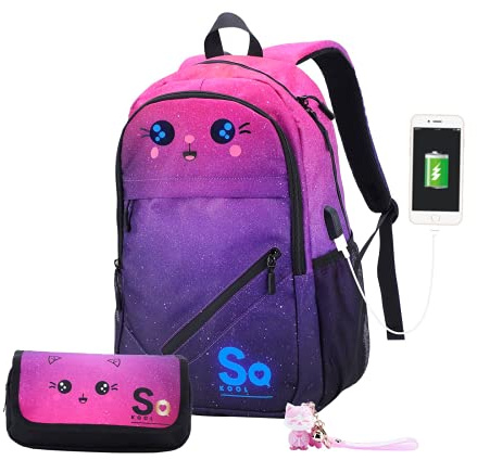 Sac à Dos Cartable Lumineux Kawaii avec Port de Charge USB Ecole Loisirs Enfants Fille Adults Femme Imperméable Orthopédique Respirable 45 cm avec sa Trousse et un Porte-clès Kawaii (Violet d'évêque)