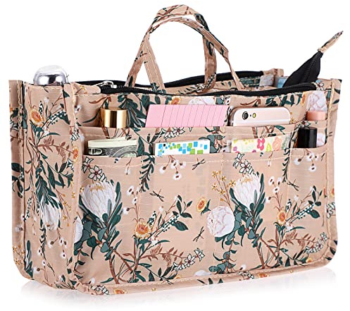 IGNPION Inserto impreso Bolso Monedero Organizador 13 bolsillos Forro expandible Bolsa Bolsa Cierre de cremallera Tote Organizador Bolsa de pañales Inserto con asa, Flor naranja-rosa