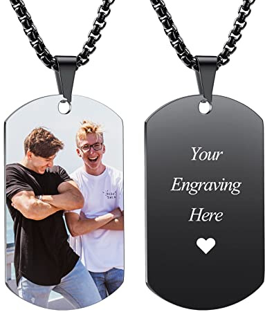 INBLUE Personalisierte Dog Tag Anhänger Halskette Gravur Text/Bilder/Erinnerung Foto Edelstahl Halskette für Männer Frauen Bündel mit Verstellbarer Kette, Schlüsselanhänger, Schalldämpfer