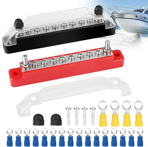 Linkstyle 12V Sammelschiene, Abgedeckter Erdungsverteilerblock mit M6 Anschlussbolzen, M4 Anschlussschrauben, Batterie-Sammelschiene für Auto, Boot, Marine, Wohnwagen, Wohnmobil