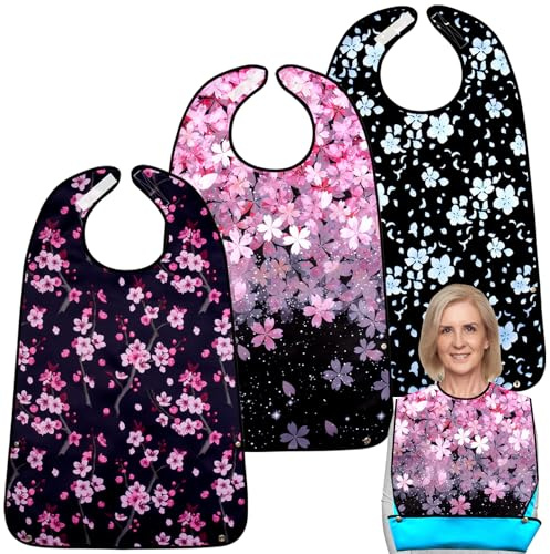 TaoTazon Adult Bibs,3 Packs Cherry Blossom Adult Bibs for Women Eating Washable with Crumb Catcher (Black Pink 3 pack)