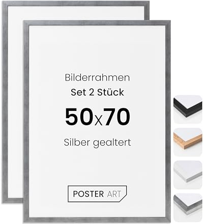 POSTER ART Bilderrahmen Set 2 Stück 50x70 cm Silber gealtert San Diego | Zum Aufhängen aus MDF und Acrylglas | Wand Bilderrahmen Moderner Fotorahmen | Posterrahmen 50x70 cm