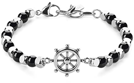 GAVU Pulsera para Hombre de Turmalina Negra y Acero Inoxidable con Dije de Timón, Pulsera Surfista Hombre con Piedras Naturales