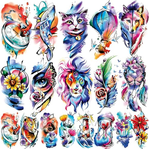 Acevegue 79 Hojas Tatuaje en acuarela, 15 Hojas Grandes Realistas León y Lobo Tatuajes Falsos, 64 Hojas 3D Pequeñas Flores y Mariposas Tatuajes Temporales de Colores para Adultos, Mujeres y Hombres