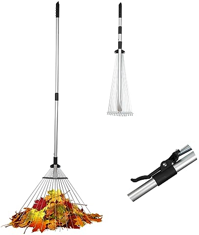 ORIENTOOLS Laubrechen Gartenrechen Teleskop, 19-52cm Verstellbarer Rechen Kopf, 82-160cm Teleskopstiel Laubbesen, Fächerbesen mit 15 Zinken, Laubrechen mit stiel zum Reinigen von Pflanzen