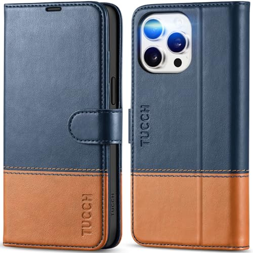 TUCCH Hülle für iPhone 15 Pro Max 5G Schutzhülle [Kartenfach] [RFID Blocker] TPU [Ständer] [Magnet], Stoßfest Flipcase, Brieftasche Kompatibel mit iPhone 15 Pro Max 2023 (6,7 Zoll), Blau-Braun