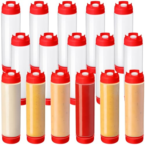 Roshtia 16 Stück umgekehrte Kunststoff-Quetschflaschen, 473 ml, nachfüllbare Gewürzflaschen, selbstdichtender Saucenspender für dicke Gewürze, Saucen, Teig, Dressing, Catering, Lebensmittel, LKW,