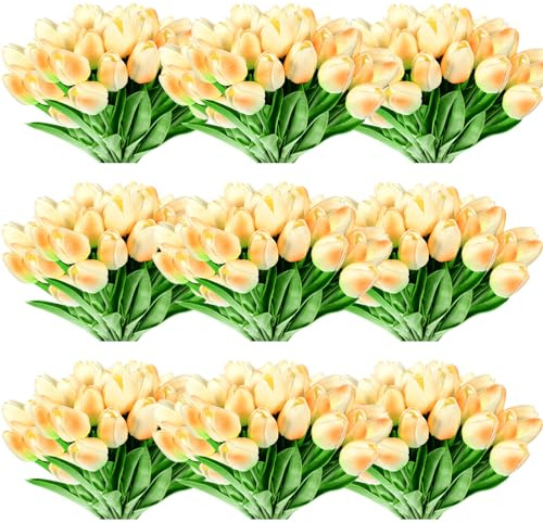 100 Pcs Real Touch Tulips Fake Tulips Artificial Tulips Flowers Arrangement Bouquet for Wedding Bridal Bouquet Holiday Garden Home Decor, 13.4'' (Light Champagne)