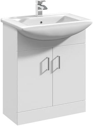 Balterley Vanity Unit with Basin Floor Standing, 2 Door Soft Close with Curve Sink and Handle, Bathroom Vanity Units with Basin, Bathroom Sink Storage Cabinet - 650 x 450 x 836mm (White)