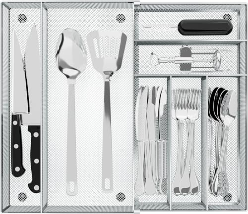 Organizador de cubiertos expandible, bandejas de utensilios para cajones de cocina, soporte ajustable para cubiertos y cubiertos, organizador grande de malla de acero para cucharas, tenedores,