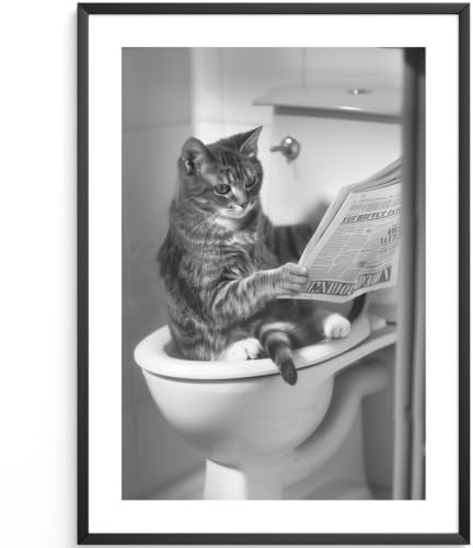 MJ-GRAPHICS® | Badezimmer Deko Bilder - Katzen-Badezimmer Deko Bild Schwarz-Weiß | Witzige Wanddekoration für Toilette - lustige Wanddeko - WC Toilette Deko| Din A4 Qualitätsdruck - ohne Rahmen