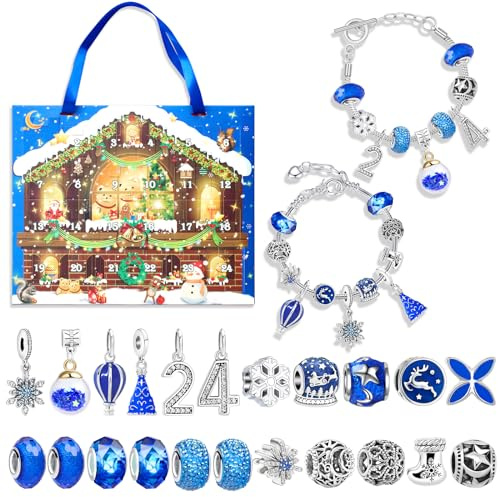 Adventskalender 2024 Mädchen Kinder, DIY Adventskalender Schmuck Mädchen, Weihnachtskalender 24 Füllung Armbänder Schmuck Basteln,Weihnachten Geschenk Mädchen 5 6 7 8 9 10 11 12 Jahre (blue)