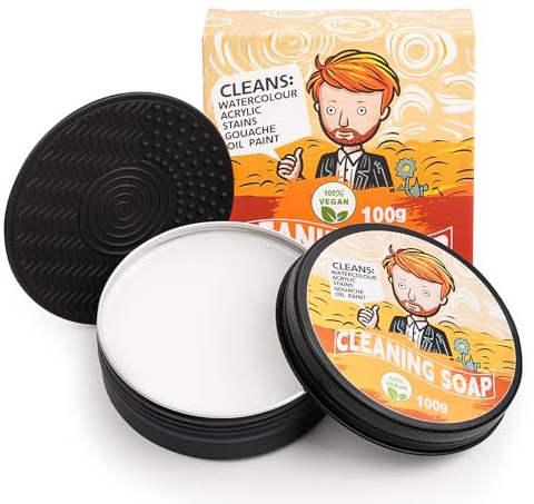 Fuumuui Pinselseife - 100% 100g Vegane Pinselseife + Reinigungsmatte für Acrylfarbe, Aquarell, Natürliche Profi Künstlerseife zur Reinigung für alle Malpinsel & Echthaar Pinsel | Brush Cleaner