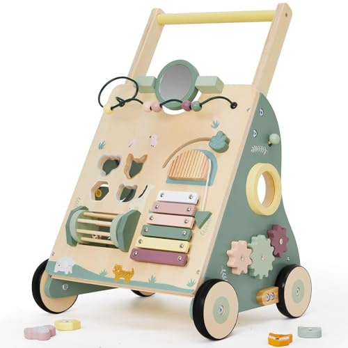 Labebe Lauflernwagen holz, 8-in-1 Verwendung als Laufwagen, Baby Lauflernhilfe Holz mit gummierten Holzrädern und Activity Center, Gehfrei Lauflernhilfe Baby/Gehhilfe