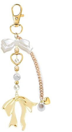 Auiremrti Goldene Perle Schleife Schlüsselanhänger Mit Herz Schmuckstück,Elegante Und Personalisierte Geschenke Für Frauen, Anhänger Für Taschen Oder Schlüsselringe