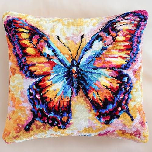 WallustrioaW Knüpfkissen-Set Schöner bunter Schmetterling,für Kinder oder Anfänger Erwachsene zum Selber Knüpfen,DIY Knüpfteppich Knüpfpackung,Knüpfhaken Set,43x43cm