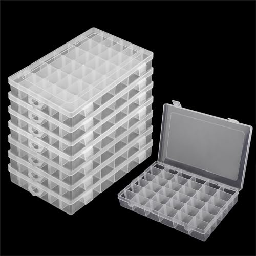 JIEHIN 8 Stück 36 Fächer Sortierbox Transparent, Kunststoff Perlen Aufbewahrungsbox mit Einstellbar Fächer, Sortierboxen für Kleinteile, Ohrringen, Schmuck, Schrauben, 27 x 17 x 4 cm