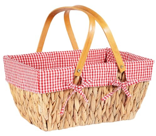 Natural Weidenkorb mit Henkel groß | mit Stoffeinlage in Rot | Tragekorb aus Weide Einkaufskorb geflochten Weide Weidenkörbe mit Henkel Einkaufskörbe Picknickkorb geflochten, 38 * 25 * 18cm