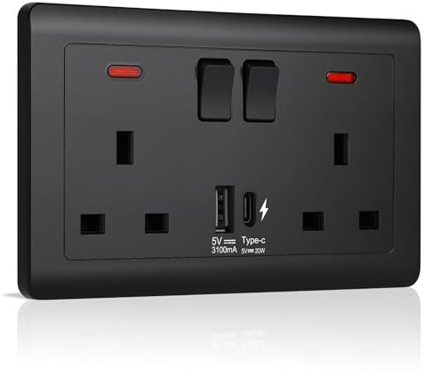 Ainiv Double Plug Socket, 2 Gang 13A Twin Electric Double Sockets, Switched Wall Socket with Charge Type A and Type C USB Charging Ports, Electrical Power Outlets, Black