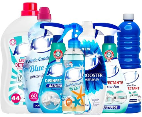 7 Piece Spanish Cleaning Products Bundle – Air Freshener 400ml, Floor Cleaner 1L, Fabric Conditioner 60W, Scent Booster 720ml, Multi Surface Disinfectant 750ml, Bathroom Cleaner, Laundry Detergent