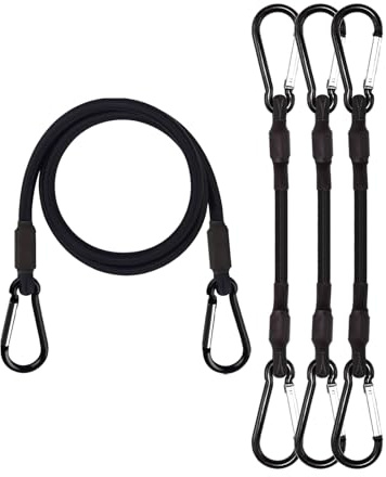 Bungee Cords with Carabiner Clips, 4 Pack 100cm Long Heavy Duty Carabiner Bungee Cord, Extra Strong Black Bungee Straps with Carabiner Hooks for Camping, Tarps, Bike Rack, Tent, Car, Motorcycle