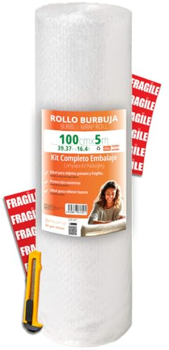 OFITURIA Papier Bulles Emballage 100cm x 5m – Kit Complet avec Cutter + 12 Étiquettes “FRAGILE” – kit déménagement complet, papier bulles pour emballage colis