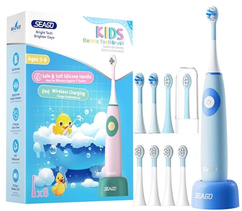 Seago Cepillo de dientes eléctrico para niños de 5 a 8 años, Cepillo de dientes eléctrico infantil con estación de carga, libre de BPA, mango antideslizante de silicona apta para alimentos(Azul)