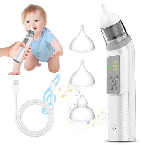 Aspirador Nasal para Bebés, Aspirador Nasal Eléctrico para Bebés con 5 Niveles de Succión, 3 Niveles de Succión Ajustable, Función de Música y Luz Calmante, Recargable, Ruido Bajo, para Recién Nacidos