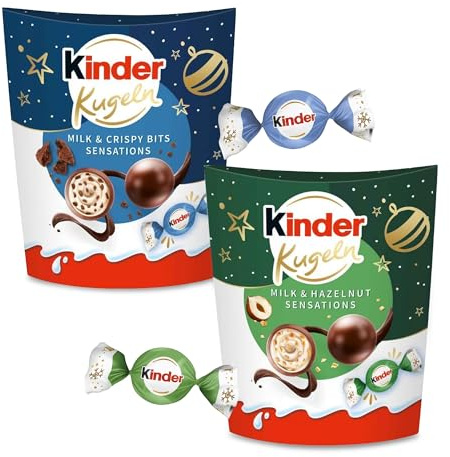 Kinder Kugeln Bundle Milk & Crispy Bits 90 g und Milk & Hazelnut 90 g – gefüllte Vollmilchschokolade mit knusprigen Crisp-Stücken & Haselnuss – Pralinen für Familie, Freunde, Advent und Weihnachten