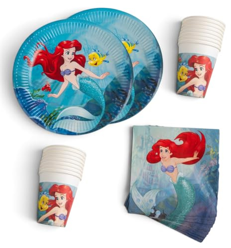 Procos - Decorazione di compleanno Ariel la sirena, 52 pezzi, piatti, bicchieri e tovaglioli di carta per feste di compleanno per bambini, articoli per la tavola di festa