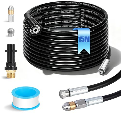Set tubo per pulizia scarichi 15m, 400 bar, 5800 PSI, Sonda sturalatubi per idropulitrice con ugelli fissi, rotanti, 3 adattatori, 1 nastro in teflon, Compatibile Kärcher K2-K7, Lavor, Bosch, Parkside