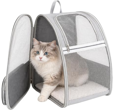 PRITOK Zaino per gatti grandi: zaino per gatti e cani piccoli fino a 8 kg, zaino traspirante, borsa da trasporto per gatti, zaino grigio per escursionismo e viaggi (41 x 29 x 35 cm)