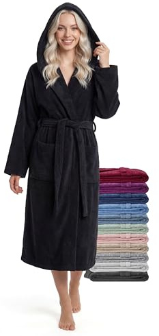 Morgonrock Dam med Huva Medellång, 100% Bomull Frotté 380 g/m², Svart, L-XL