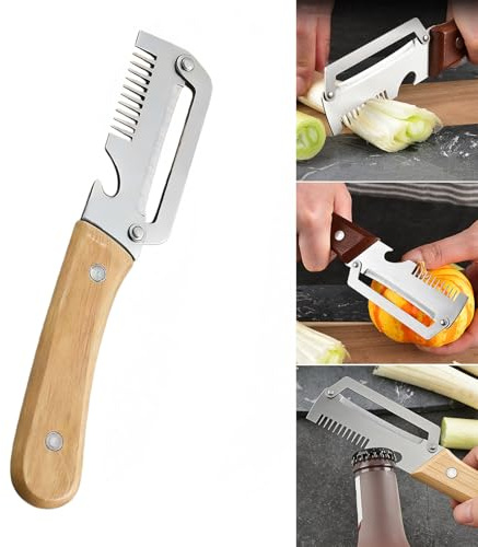 Stainless Steel Vegetable Peeler with Wooden Handle 2-in-1 Fruit Potato Peeler with Bottle Opener Kitchen Quick Peeling Tool (Ebony)