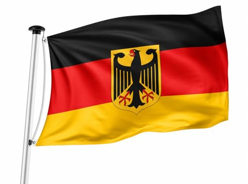 Bandera de Alemania con águila 90 x 150 cm – Bandera de Alemania con 2 ojales de latón para colgar, resistente a la intemperie y resistente de poliéster, doble costura, bandera para el Mundial 2026