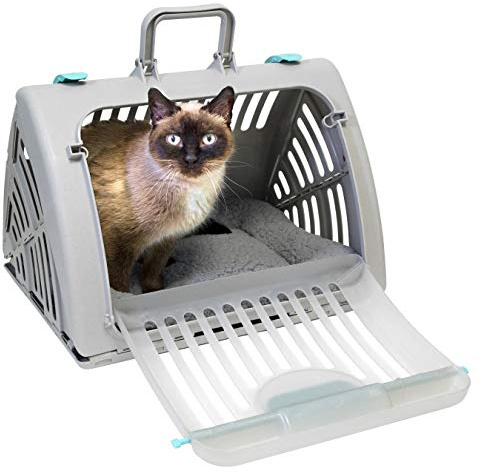 SportPet Designs Sport Pet Transportín de Viaje Plegable para Gatos con una Cama Impermeable, transportín Plegable de plástico con Puerta Delantera, Color Gris (CM-10064-CS01)