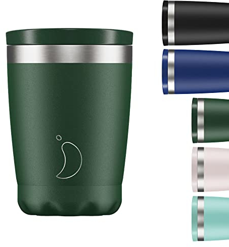 Chilly's Original Tasse à Café - Tasses de Voyage Réutilisables avec Couvercle - Pour Boissons Froides/Chaudes - Tasse Isotherme à Double Paroi Isolée Sous Vide - Acier inoxydable - 340ml - Vert mat