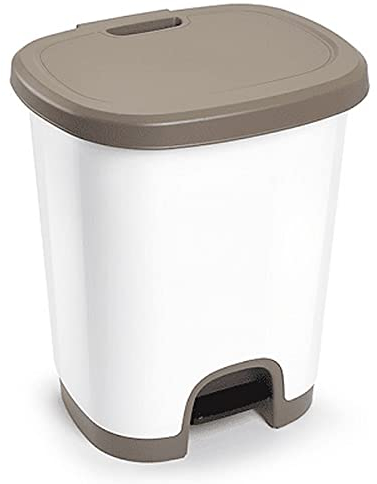CABLEPELADO Cubo de basura plástico con pedal, Papelera con tapa, Libre de BPA, 45 cm alto x 38 cm ancho x 32 cm fondo, Capacidad 27 litros, Blanco con tapa marrón