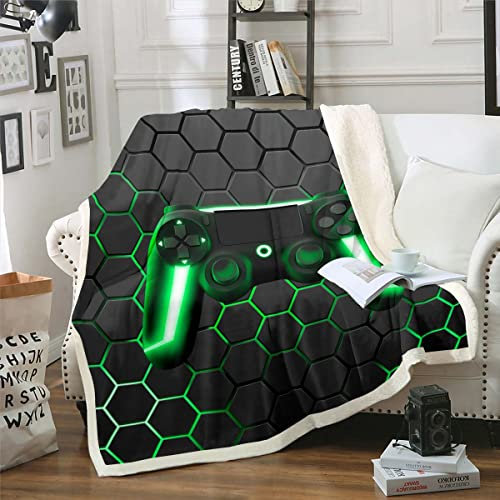 Homewish Spiel Fleecedecke für Jungen Spielen Überwurf Kinder Spieler Überwurf für Schlafsofa Couch Dekor grüne Neonlichter Gamepad Geometrie Waben Sechseck Plüschdecke ganzjährig 130 x 150 cm