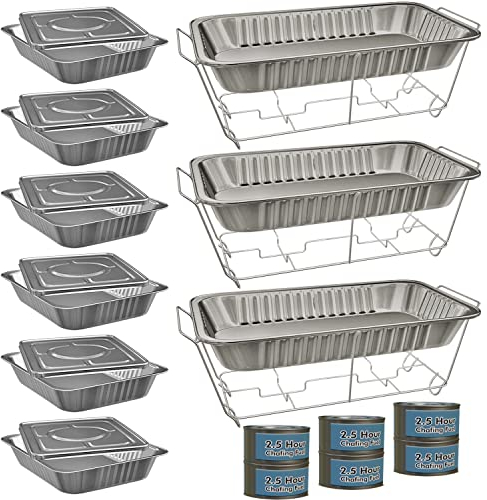 Disposable Chafing Dish Buffet Kit - 3 Full-Size Sets - Food Warmers for Parties, Incl. 3 Wire Racks, 6 Chafing Fuels, 3 Aluminum Water Pans, 6 Food Pans, 6 Lids - Catering Servers Supplies Set