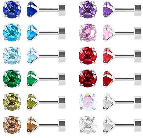 12 par platt baksida kirurgiskt rostfritt stål örhängen, skruv tillbaka hjärta stjärna kvadrat tårdroppe rund förgylld silver kubisk zirkonia CZ månadssten stiftörhängen set, Rostfritt stål, Kubisk
