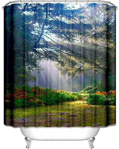EHOMERY Duschvorhangringe Extra Groß Duschrollo Blickdicht Morgenlicht Im Wald Duschvorhangringe Duschrollo Für Fenster Ohne Bohren Polyester Rostfreie Ösen Und 12 Hakenringe, 180X180Cm