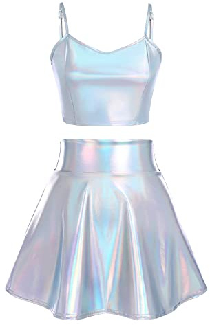 Odizli Alien Kostüm Damen Sexy Metallic Glitzer Crop Top+Mini Röcke Rave Outfit