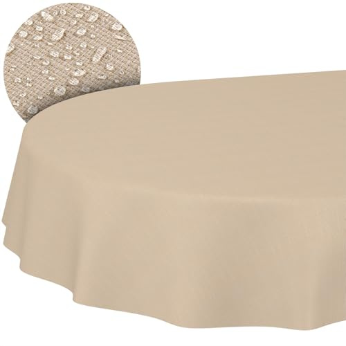 ANRO Tischdecke abwaschbar Damast Beige oval 180x140 cm In-/Outdoor | ideal für Garten, Terrasse & Esszimmer – Gartentischdecke wetterfest – Tischwäsche aus beschichtetem Stoff