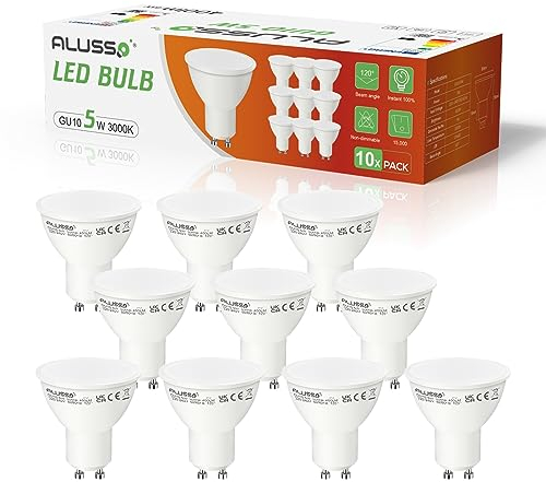 ALUSSO LIGHTING GU10 LED Warmweiss 5W Glühbirne, Ersetzt 50W Lampen, 400 Lumen Leuchtmittel, Abstrahlwinkel 120° Flimmerfrei Strahler, Nicht Dimmbar Reflektorlampen, 10er-Pack