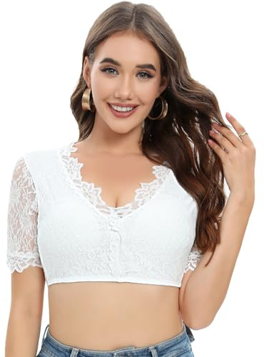 Yuson Girl Dirndl Blusa Mujer Oktoberfest Blusa Blanco Elegante Camisas con Encaje Transparente Manga Corta/Media Manga Trachten Blusa Sexy