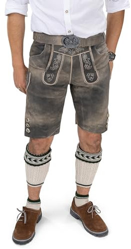 Schöneberger Trachten Couture Herren Lederhose kurz mit Trachtengürtel, Trachtenlederhose braun für Oktoberfest, Trachtenhose Starnberg (56)