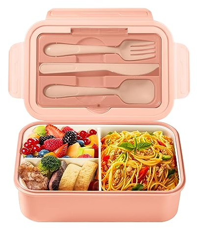 Diboniur Lunch Box, Bento Lunch Box Enfant Adulte Boîte 1400ml avec 3 Compartiments, Conception Sans Fuite Lunchbox avec Couverts, pour Micro-onde Lave-vaisselle, École Pique-Nique Travail (Rose)