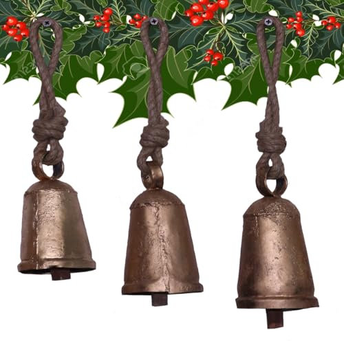 3er Set Kuhglocken kegelförmig handgefertigt Vintage rustikal dekorativ Weihnachten hängen an Juteseil Antik Gold mit Holzklöppel